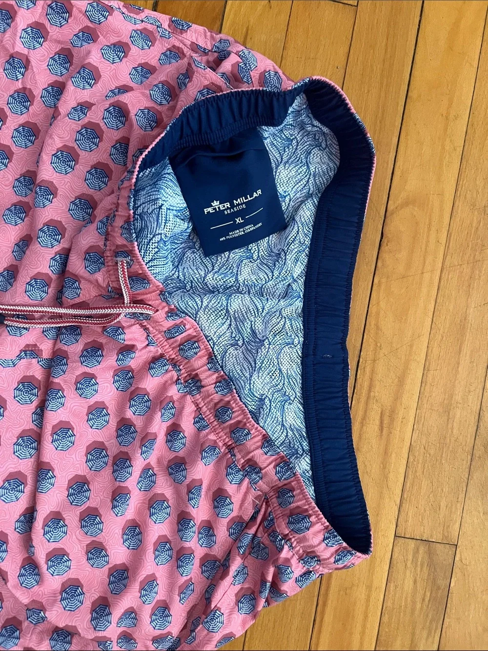 Peter Millar Pink and Navy Geometric Swim Trunks- men XL